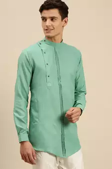 Sanwara Men Solid Jade Green Cotton Short Kurta