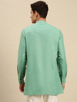 Sanwara Men Solid Jade Green Cotton Short Kurta 4
