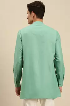 Sanwara Men Solid Jade Green Cotton Short Kurta