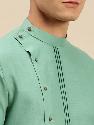 Sanwara Men Solid Jade Green Cotton Short Kurta 5