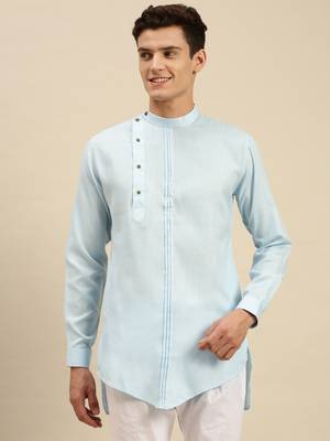 Sanwara Men Solid Sky Blue Cotton Short Kurta 1