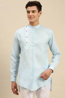 Sanwara Men Solid Sky Blue Cotton Short Kurta
