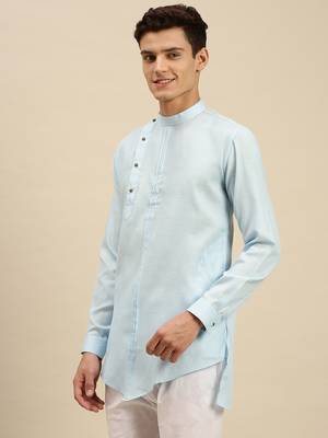 Sanwara Men Solid Sky Blue Cotton Short Kurta 2