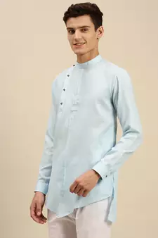 Sanwara Men Solid Sky Blue Cotton Short Kurta