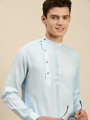 Sanwara Men Solid Sky Blue Cotton Short Kurta 3