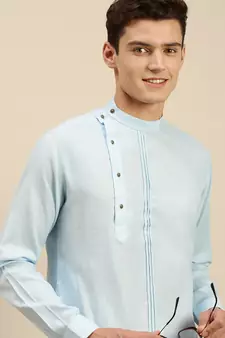 Sanwara Men Solid Sky Blue Cotton Short Kurta