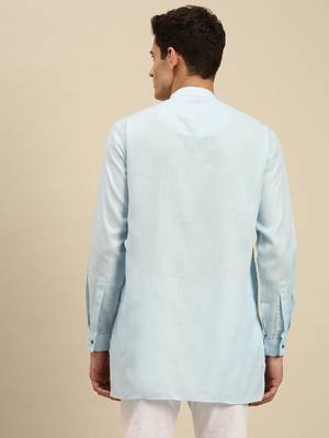 Sanwara Men Solid Sky Blue Cotton Short Kurta 4