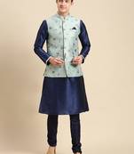 Sanwara Men's Printed Solid Art Silk Light Green Jacket And Kurta