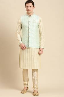 Sanwara Men's Printed Solid Jacquard Light Rama Green Jacket And Kurta