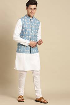 Sanwara Men's Printed Solid Jacquard Light Blue Jacket And Kurta