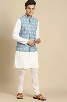 Sanwara Men's Printed Solid Jacquard Light Blue Jacket And Kurta