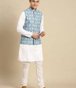 Sanwara Men's Printed Solid Jacquard Light Blue Jacket And Kurta