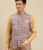 Sanwara Men's Printed Solid Art Silk Multi Color Jacket And Kurta