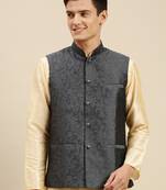 Sanwara Men's Grey Printed Art Silk Ethnic Bandi Jacket