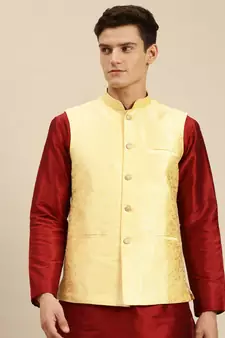 Sanwara Men's Sunflower Yellow Printed Art Silk Ethnic Bandi Jacket