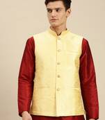 Sanwara Men's Sunflower Yellow Printed Art Silk Ethnic Bandi Jacket