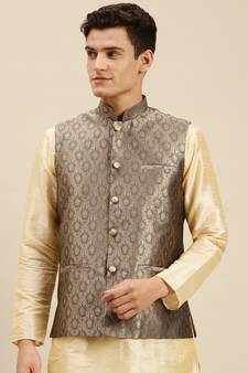 Sanwara Men's Grey Printed Art Silk Ethnic Bandi Jacket