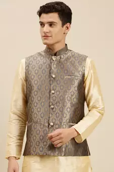 Sanwara Men's Grey Printed Art Silk Ethnic Bandi Jacket