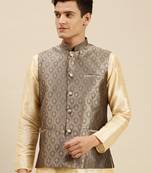 Sanwara Men's Grey Printed Art Silk Ethnic Bandi Jacket