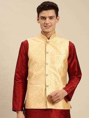 Sanwara Men's Light Gold Printed Art Silk Ethnic Bandi Jacket 1