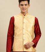 Sanwara Men's Light Gold Printed Art Silk Ethnic Bandi Jacket