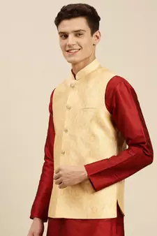 Sanwara Men's Light Gold Printed Art Silk Ethnic Bandi Jacket