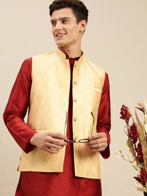 Sanwara Men's Light Gold Printed Art Silk Ethnic Bandi Jacket 3