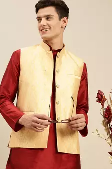 Sanwara Men's Light Gold Printed Art Silk Ethnic Bandi Jacket