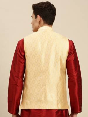 Sanwara Men's Light Gold Printed Art Silk Ethnic Bandi Jacket 4