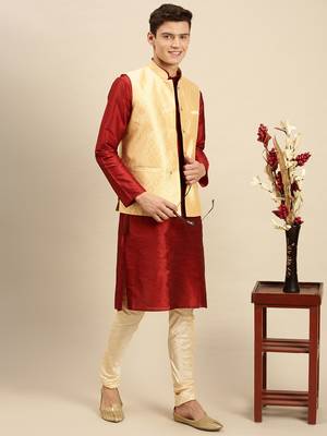Sanwara Men's Light Gold Printed Art Silk Ethnic Bandi Jacket 5
