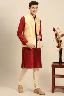 Sanwara Men's Light Gold Printed Art Silk Ethnic Bandi Jacket