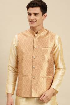 Sanwara Men's Peach Printed Art Silk Ethnic Bandi Jacket