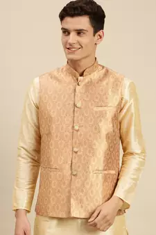Sanwara Men's Peach Printed Art Silk Ethnic Bandi Jacket