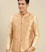 Sanwara Men's Peach Printed Art Silk Ethnic Bandi Jacket