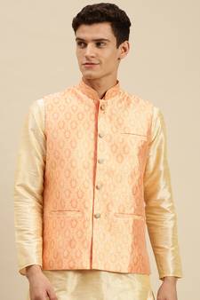 Sanwara Men's Pink Printed Art Silk Ethnic Bandi Jacket
