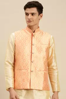 Sanwara Men's Pink Printed Art Silk Ethnic Bandi Jacket