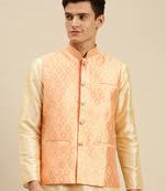 Sanwara Men's Pink Printed Art Silk Ethnic Bandi Jacket