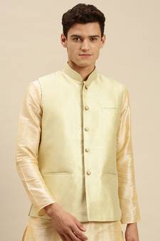 Sanwara Men's Pista Green Printed Art Silk Ethnic Bandi Jacket