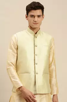 Sanwara Men's Pista Green Printed Art Silk Ethnic Bandi Jacket