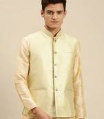 Sanwara Men's Pista Green Printed Art Silk Ethnic Bandi Jacket