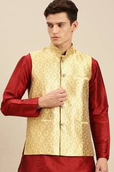 Sanwara Men's Yellow Printed Art Silk Ethnic Bandi Jacket