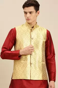 Sanwara Men's Yellow Printed Art Silk Ethnic Bandi Jacket