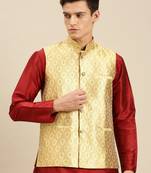 Sanwara Men's Yellow Printed Art Silk Ethnic Bandi Jacket