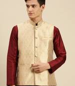 Sanwara Men's Beige Printed Art Silk Ethnic Bandi Jacket