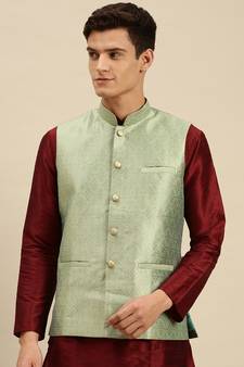Sanwara Men's Kiwi Printed Art Silk Ethnic Bandi Jacket