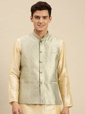 Sanwara Men's Steel Green Printed Art Silk Ethnic Bandi Jacket 1