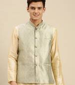 Sanwara Men's Steel Green Printed Art Silk Ethnic Bandi Jacket