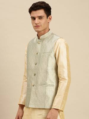 Sanwara Men's Steel Green Printed Art Silk Ethnic Bandi Jacket 2