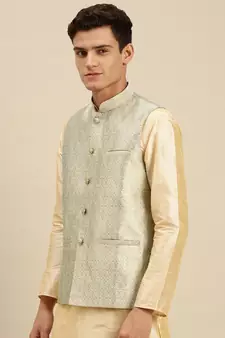 Sanwara Men's Steel Green Printed Art Silk Ethnic Bandi Jacket