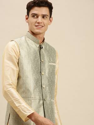 Sanwara Men's Steel Green Printed Art Silk Ethnic Bandi Jacket 3